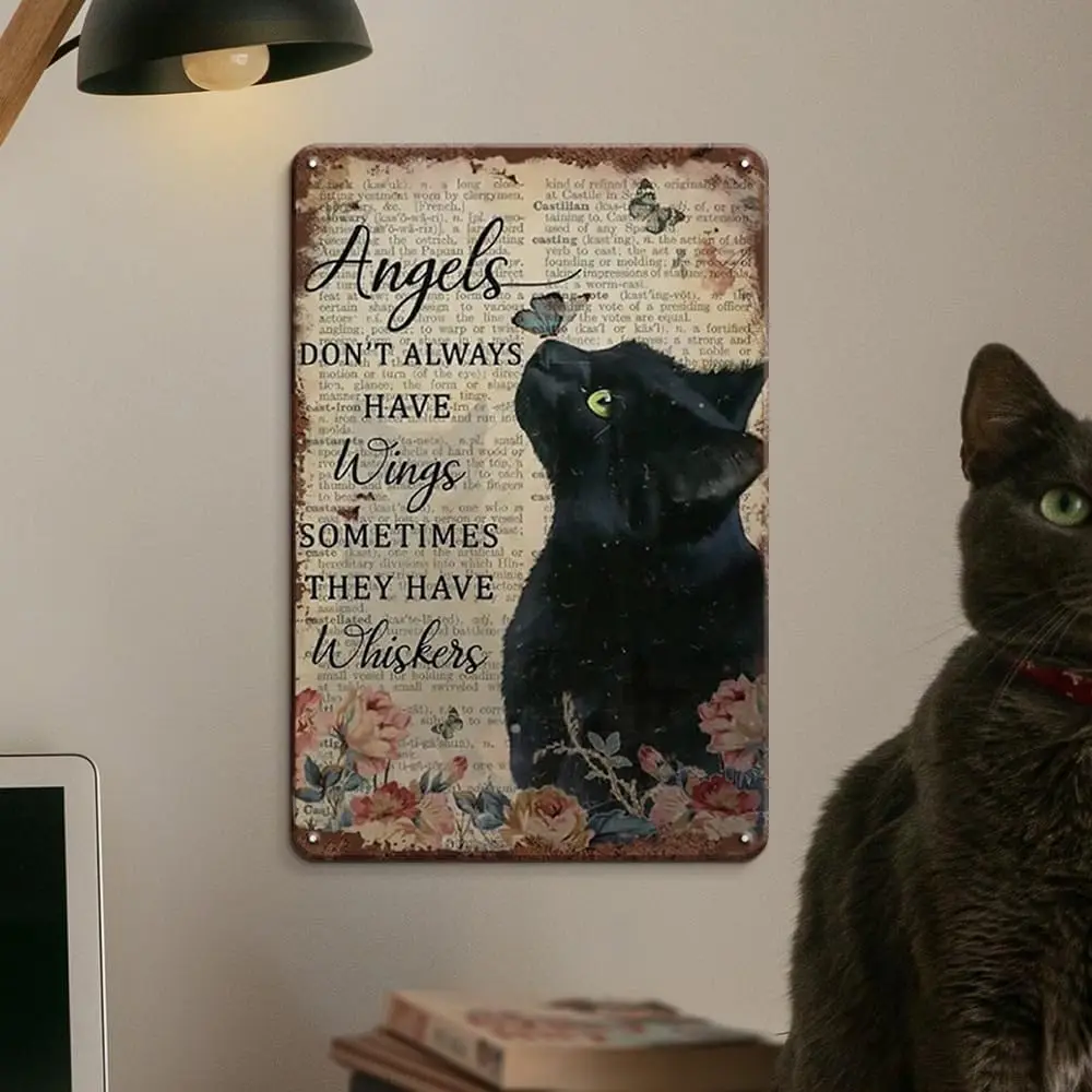 Angels Don't Always Have Wings Sometimes They Have Whiskers Aluminum Sign Vintage Floral Black Cat Cat Lovers Gift Vintage M