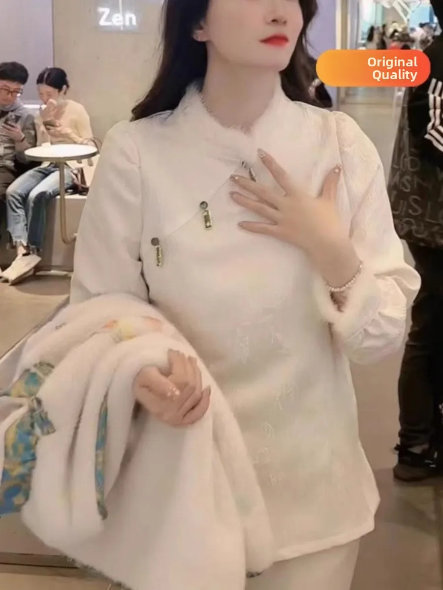 

Новая женская рубашка в китайском стиле, улучшенная модель, с длинным рукавом, осенне-зимняя, новая, в стиле ретро, с вышивкой, теплая, плотная, размер S