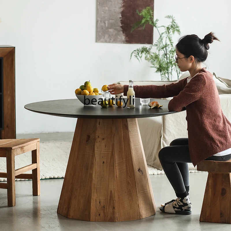 Black Solid Wood Large round Table Old Pine Oak Veneer Retro Domestic round Dining Table