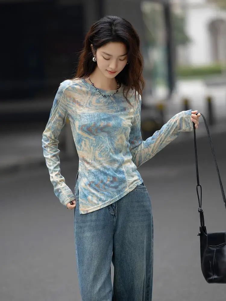 Lightweight Vintage Fashion Women's T-shirt Ole Wax Dyeing Process Spring Autumn Atmosphere Decoration Meat Concealing Long S...