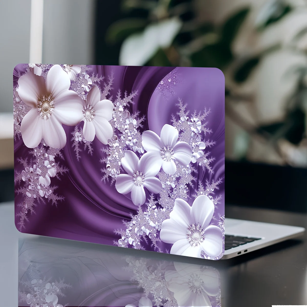 2Pcs Floral Pattern Laptop Sticker Protective Case Waterproof and Scratch Resistant Non Reusable PVC Light Purple Sticker