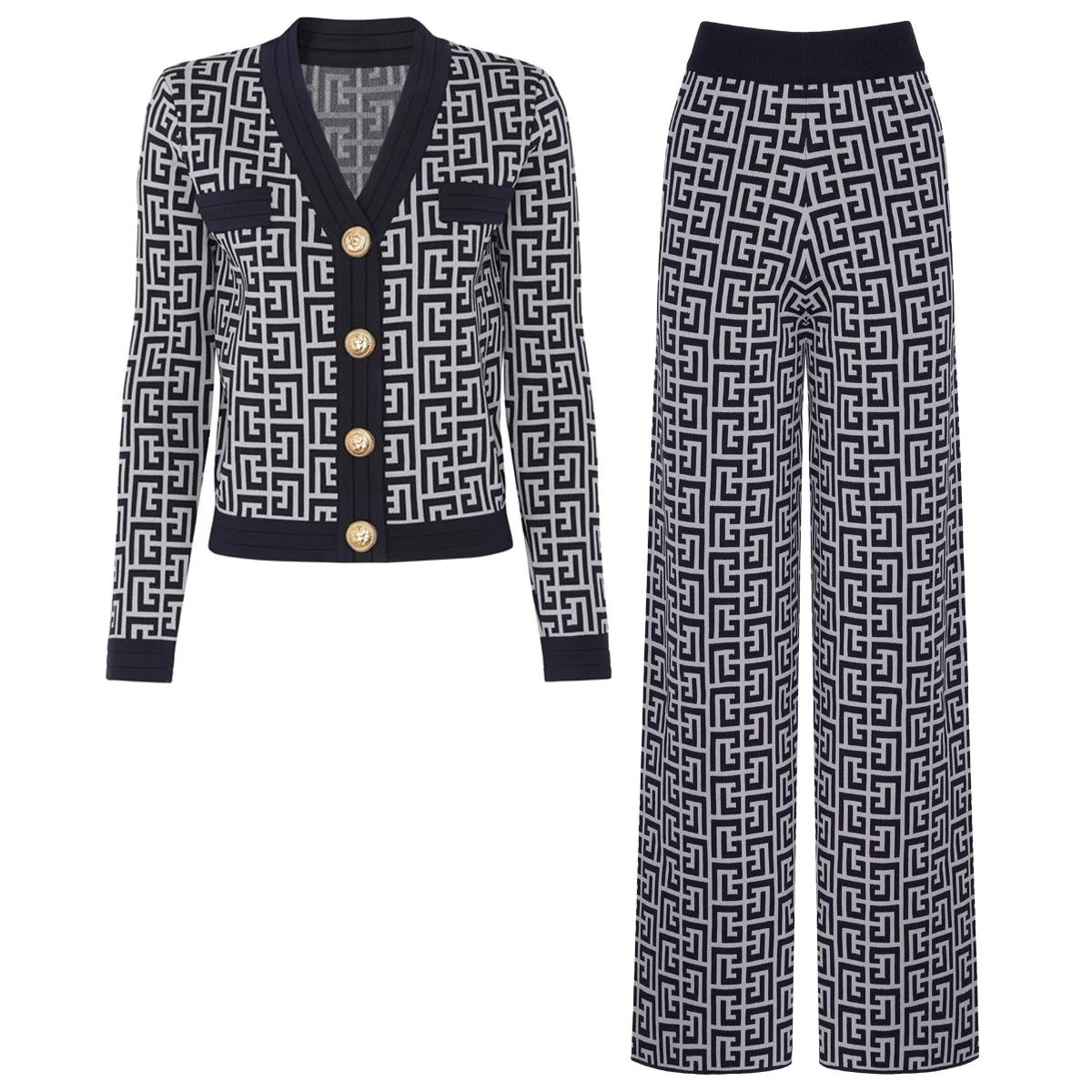ZJYT Autunno Inverno Nuovi motivi geometrici Cardigan con scollo a V Maglioni Manica lunga Vintage Top Elastico in vita Pantaloni a gamba larga