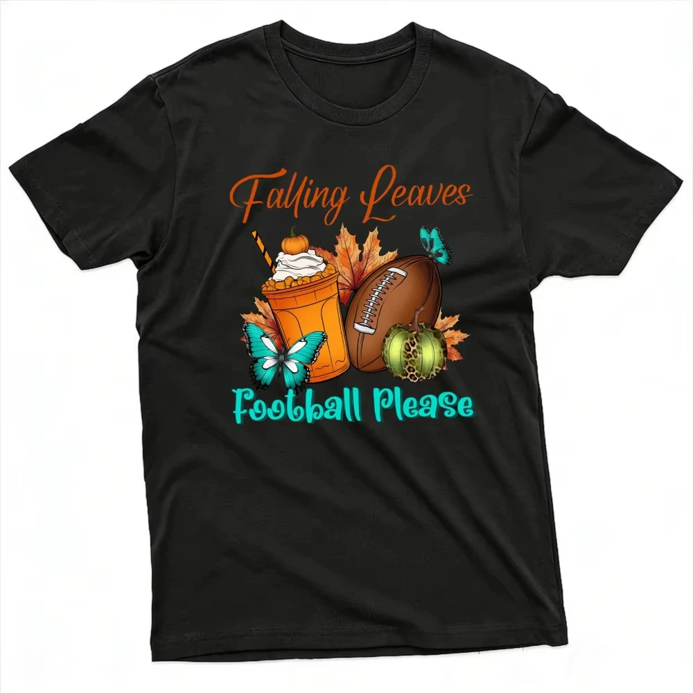 Falling Leaves Football Pumpkin Autumn Season Graphic Tee Men Casual Short Sleeve T Shirt Fall Outdoor Sports Tops