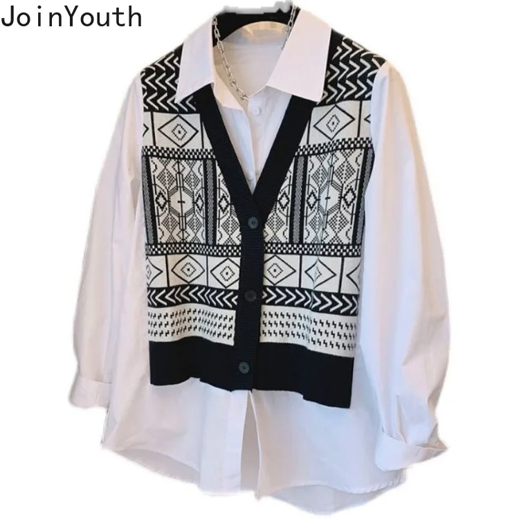 Oversized Blouse Women Clothing 2023 Blusas Mujer De Moda Patchwork Print Chic Fake Two Shirts Vintage Fashion Blouses Tops