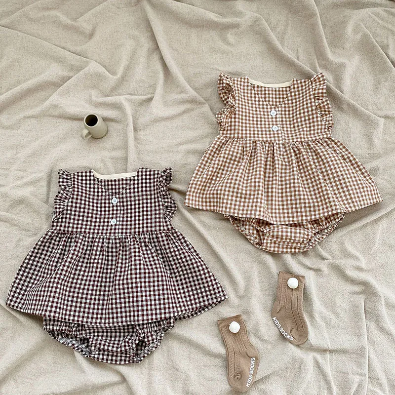 2025 New Summer Korean Style Toddler Baby Girl Clothes Suit Sleeveless Cotton Lattice Vest+PP Shorts 0-3Yrs Children Clothes Set