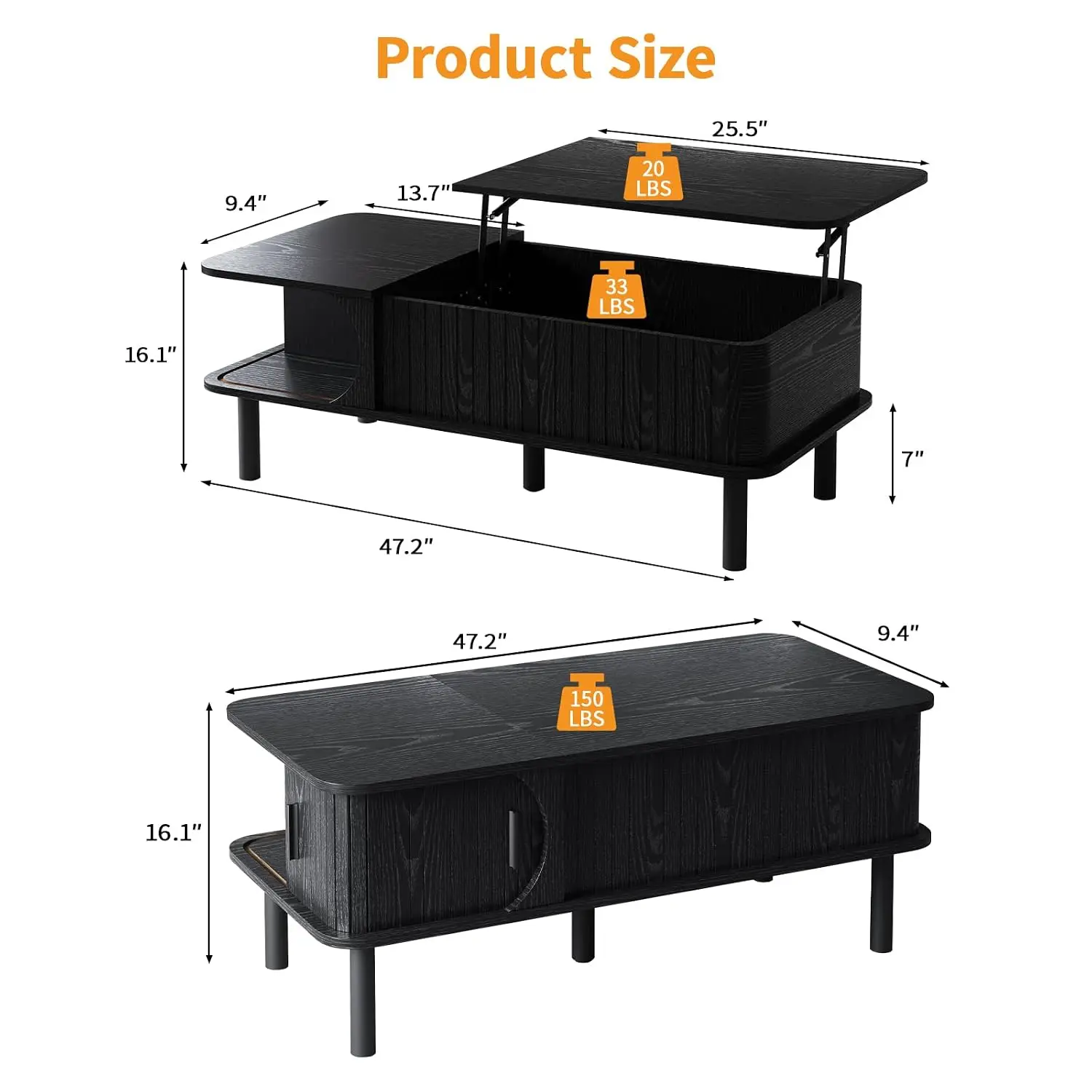Lift Top Coffee Table with Sliding Door & Hidden Storage, Mid-Century Oval Center Table, Safe Round Corner for Small Space