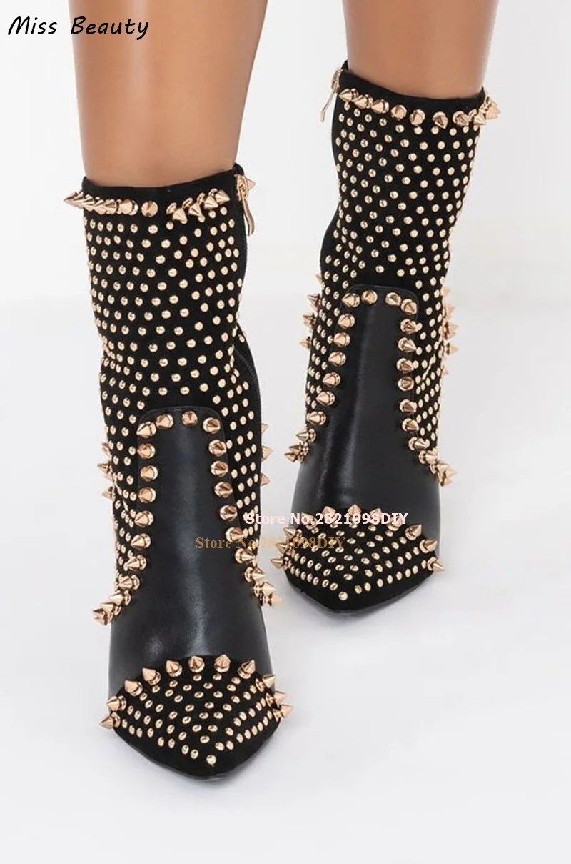 

Ботильоны Diablo на тонком высоком каблуке-шпильке, женские сапоги до середины икры с острым носком, золотые заклепки-гвоздики, украшенные 105 мм, вечерние Bota