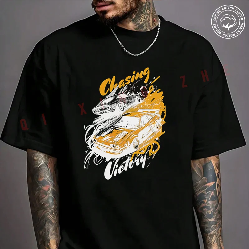 

Two Racing Cars With Racing Phrase Design Moto Men's Fashion T-shirt Cotton Casual Summer Comfortable Short Sleeve Tops
