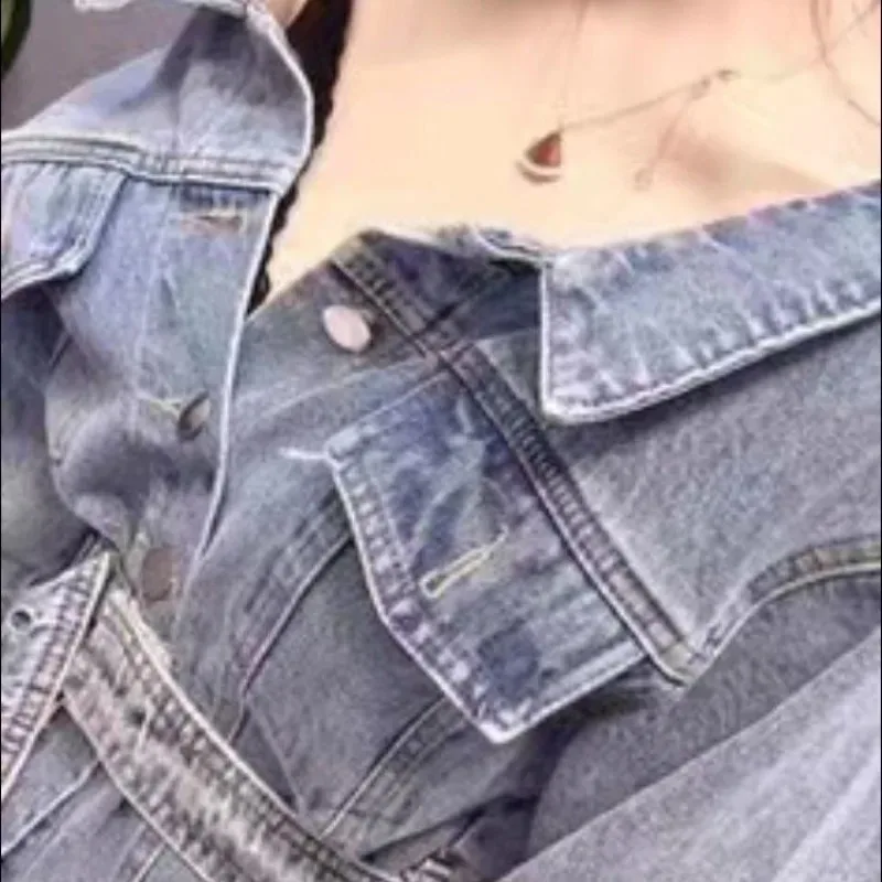 Exquisite Personality Trend Denim Women's Jacket Slim Spring and Autumn Models Careful Machine Buttons Laces Waist Short Tops