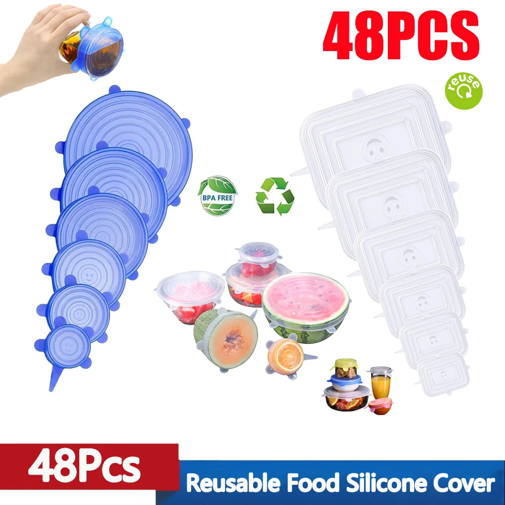 6/36/48PCS Reusable Food Silicone Cover Stretch Lids Airtight Food Cap Wrap Keeping Fresh Seal Bowl Wrap Kitchen Accessories