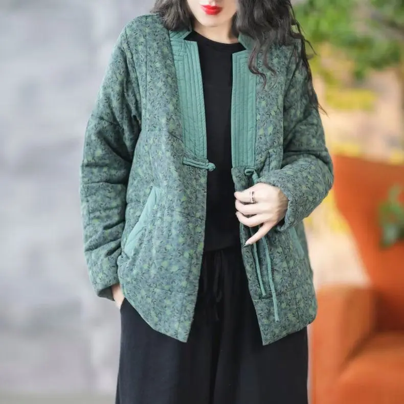 High-End Retro Floral Cotton Jacket Loose V-Neck Button-Up Chinese Style Cotton Vestment Artistic Long Sleeve Winter Coat