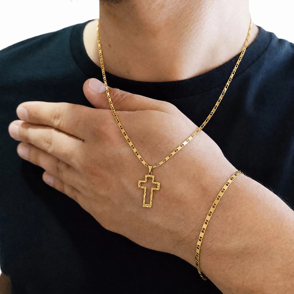 Stainless Steel Cross Pendant Necklace with Textured Finish—Men's Everyday, Date Night, and Street Style Accessories