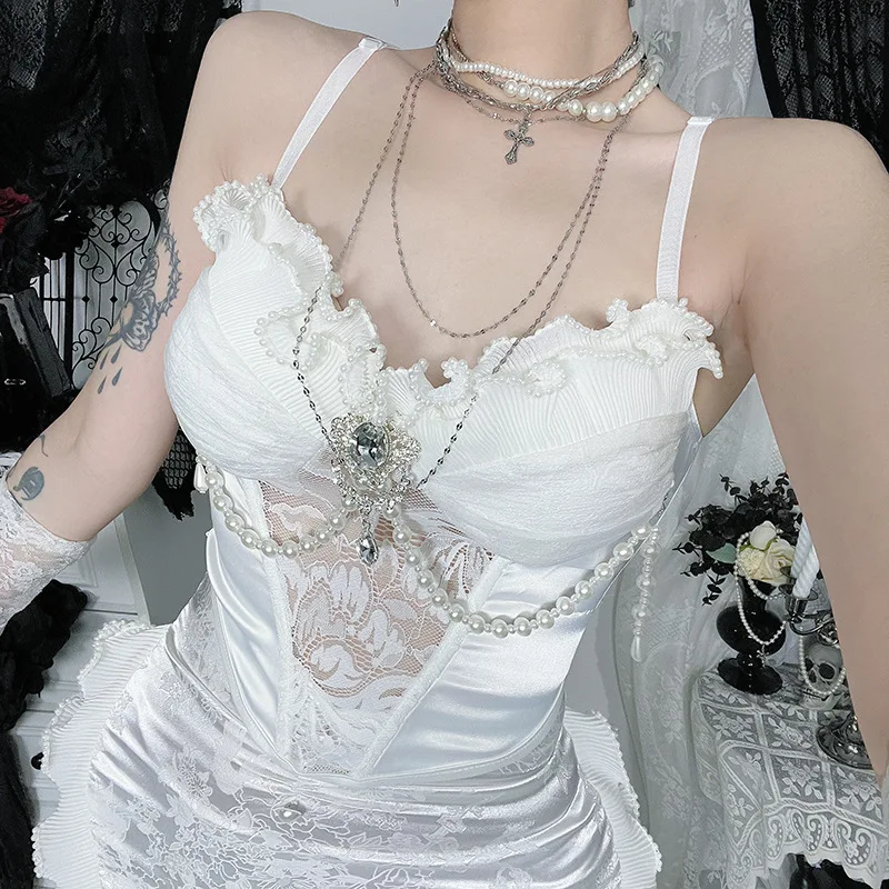 Moda francesa, nuevas faldas blancas de Lolita para mujer, falda larga de boda de retales Vinatge Y2k, Cosplay, cintura alta, trajes elegantes para mujer