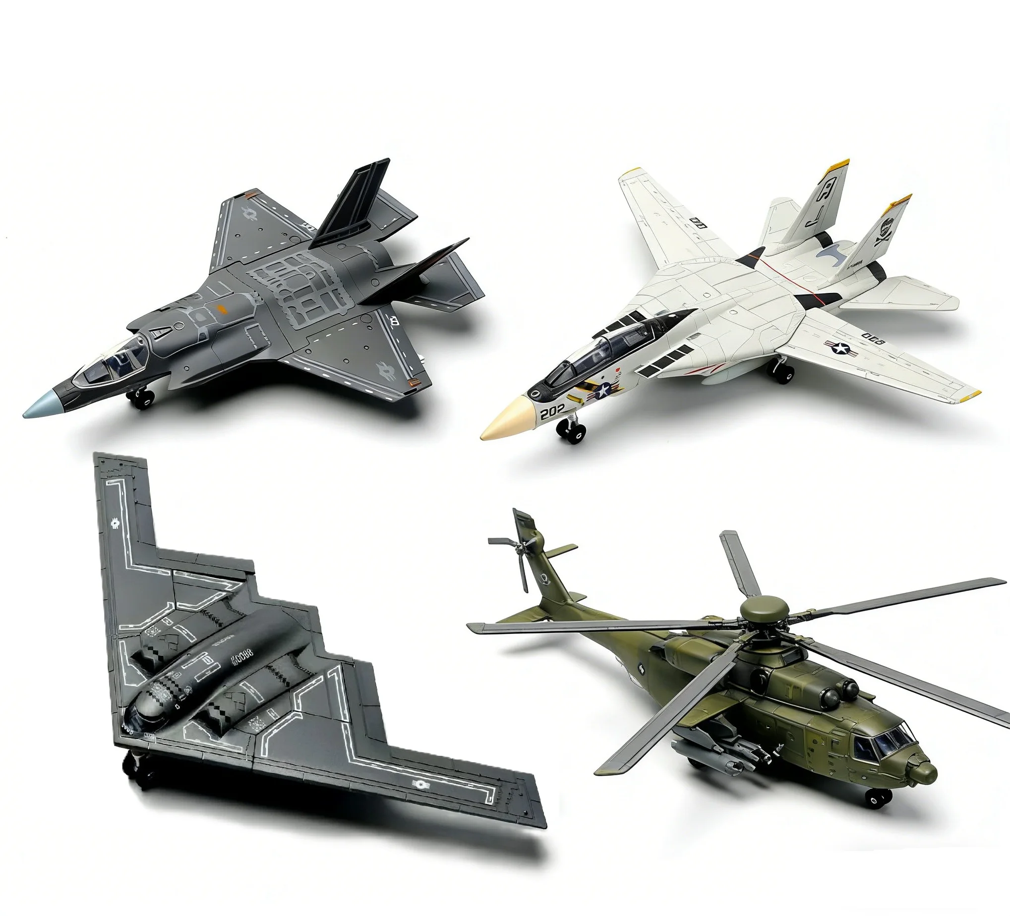 

4 styles 1:72 Scale Plastic Military Aircraft Model Kit, F-14 Tomcat F-22 Raptor B-2 Stealth Bomber AH-64 Apache Helicopter