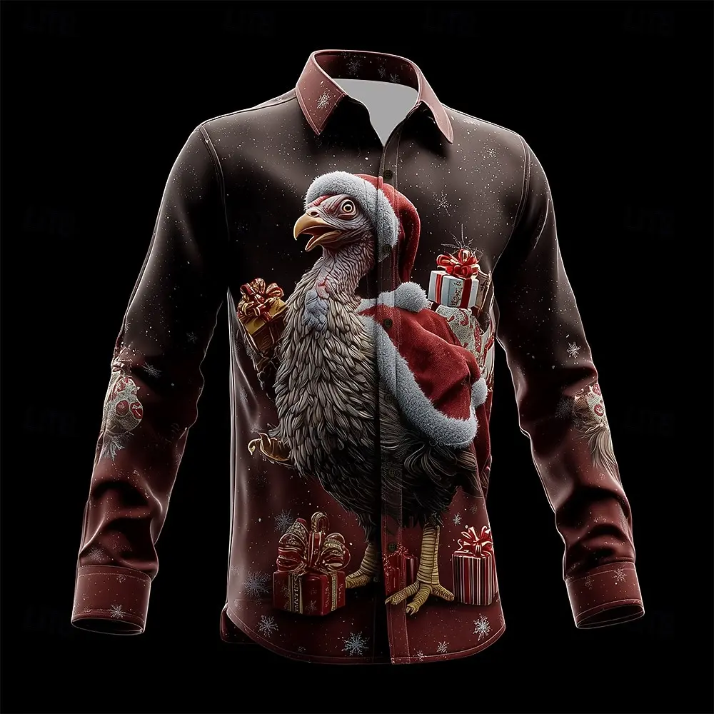 قميص رجالي لامع لامع لعيد الشكر تركيا لعيد الميلاد الخفيف بأزرار لأعلى وأكمام طويلة قمصان مطبوعة ثلاثية الأبعاد #5
