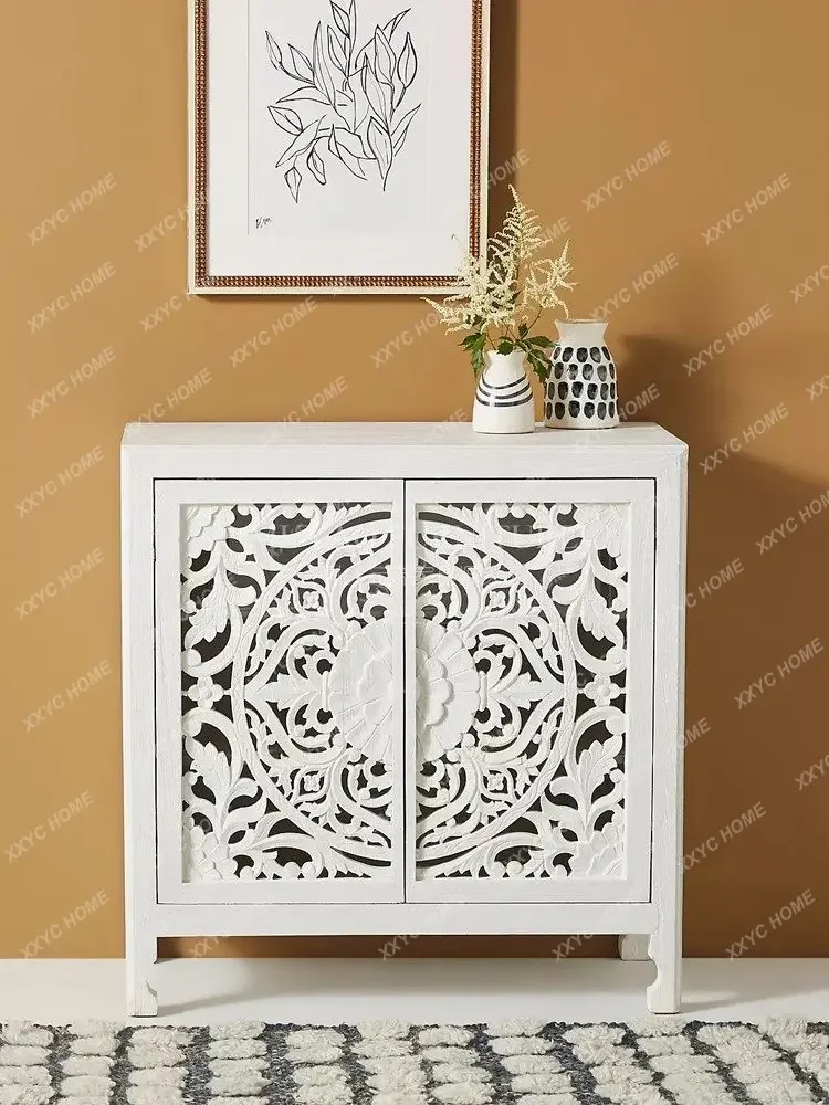A French Solid Wood Dining Side Cabinet, American Hollow Carved Shoe Cabinet, Old Bohemian Porch Cabinet