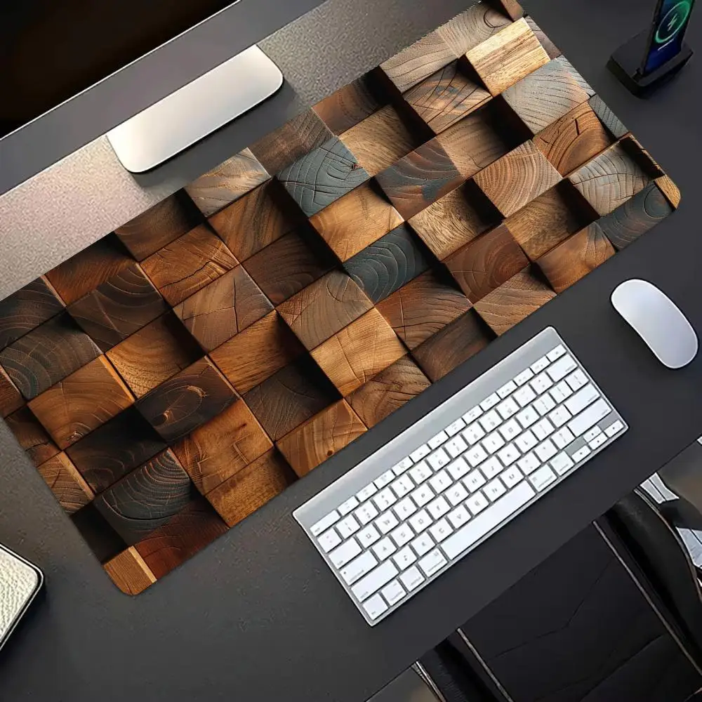 Wood Texture Geometric Polygon Large Gaming Mouse Pad Non-Slip Rubber Base Keyboard Desk Mat Mousepad Minimalist Office Desktop