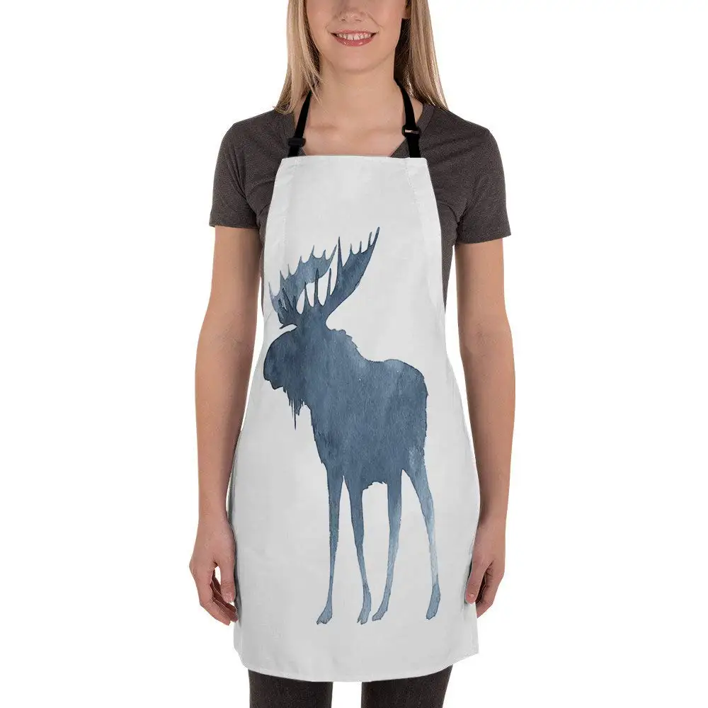 Moose Apron Cute Animal Moose with Big Horns Winter Snow Kitchen Chef Waitress Cook Aprons with Adjustable for Women Men