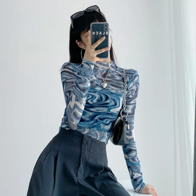 

Футболки с принтом тай-дай, женские водолазки, винтажные прозрачные, тонкие, солнцезащитные, с длинными рукавами, модная уличная одежда в американском стиле, универсальные Ins