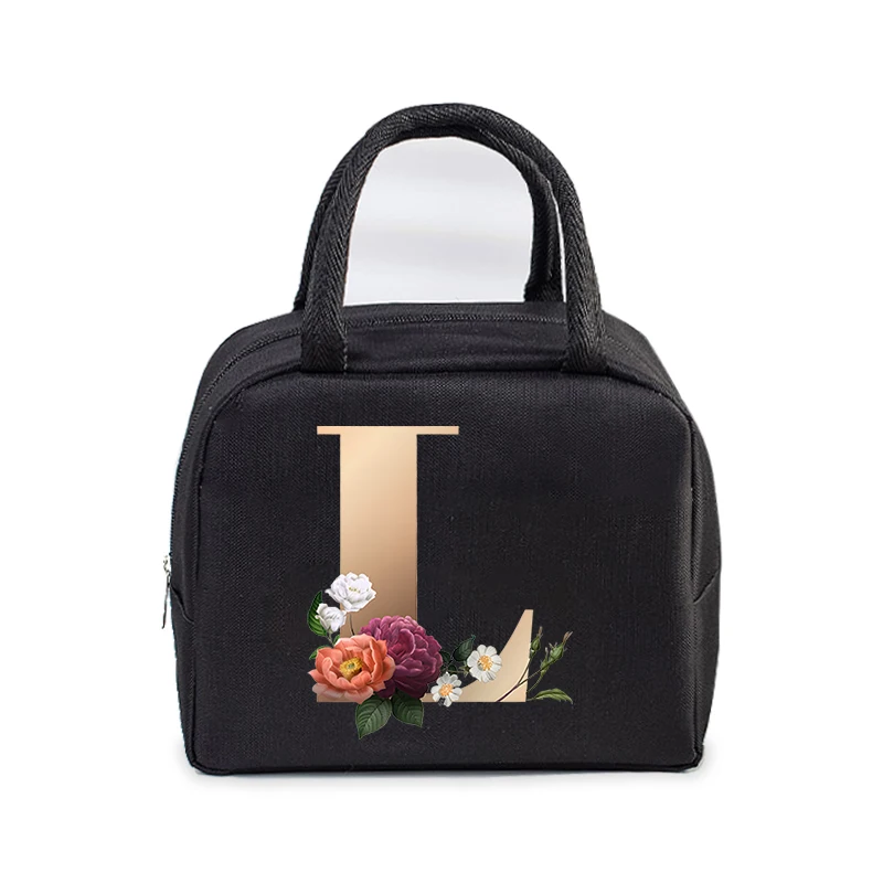 Golden Flower 26 Alphabet Print Lunch Bag Men and Women Rose Graphics Bento Thermal Handbags Thickened Insulation Lunch Box Bag