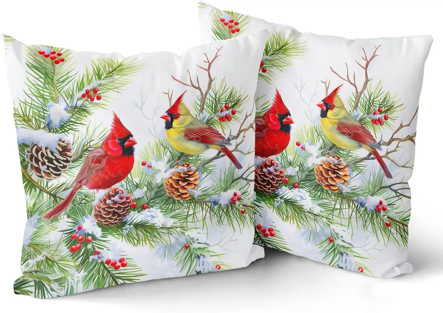 

Winter Birds Pillow Covers Set of 2 18x18 Inch Christmas Trees Holly Berry Pine Cones Xmas Snow Scene Square Cushion Cases