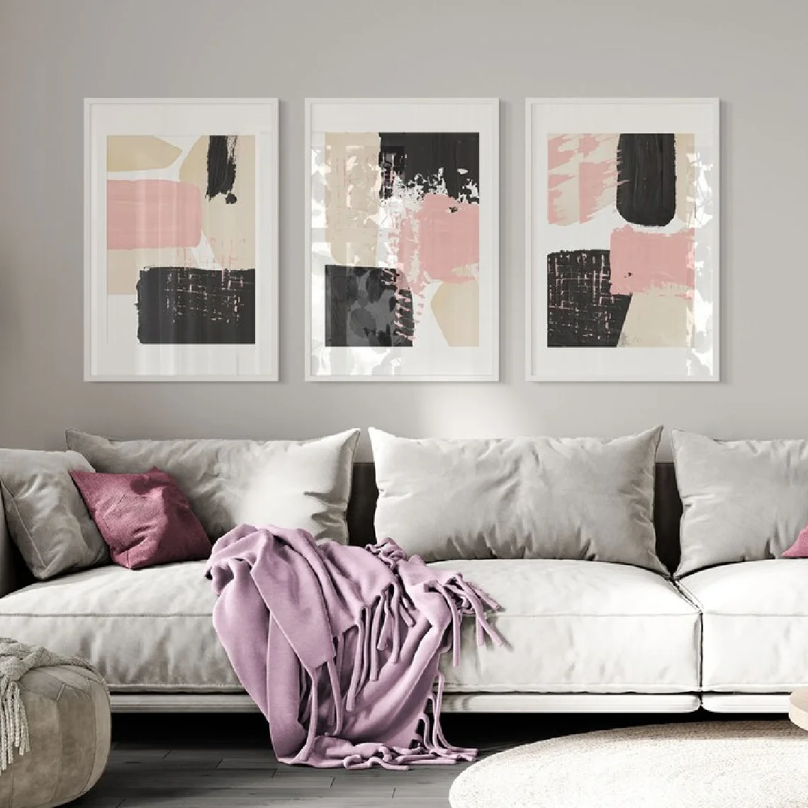 3pcs frameless Canvas Painting 3Pcs Pink Black Abstract Brush Stroke Canvas Poster Wall Art,2D Print Wall Decor,Home Decoration