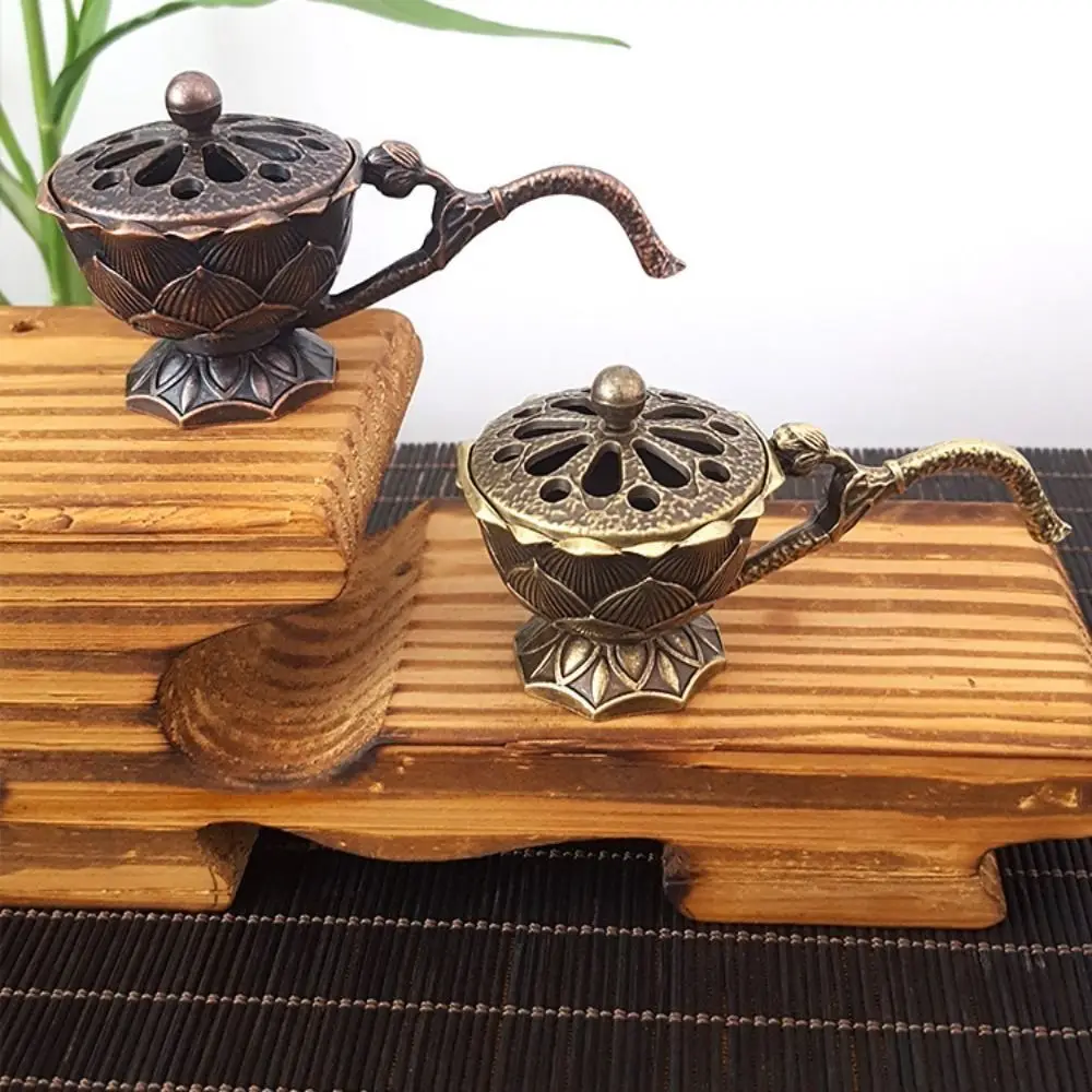 Retro Small Lotus Hand Stove with Cover Hollow Out Sandalwood Incense Burner Yoga Studio Classic Decoration