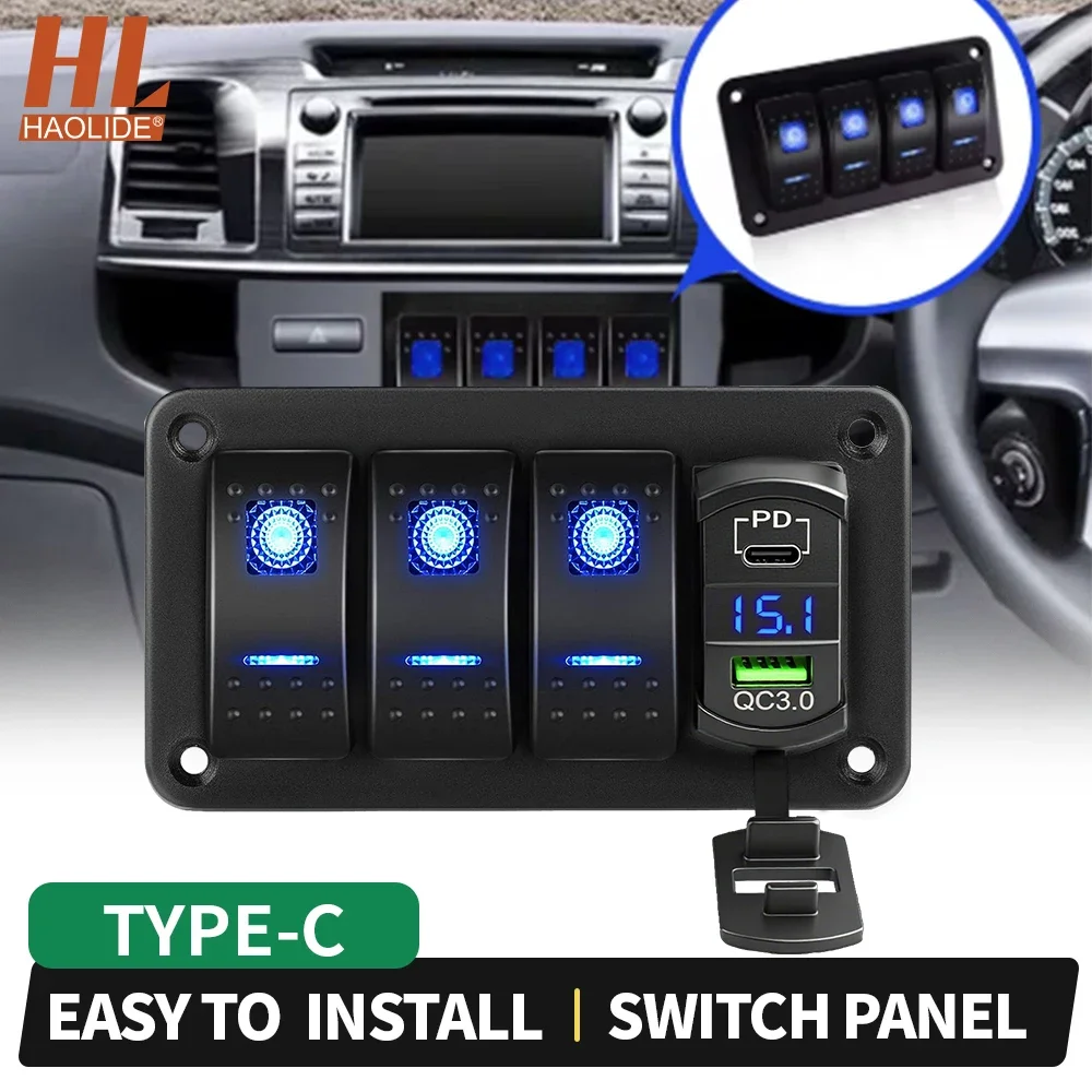 

HAOLIDE 5-панельный кулисный переключатель, панель 12 В/24 В, морской переключатель с 4,8 А, двойным USB-светодиодным вольтметром, кулисный переключатель для автомобиля, лодки, грузовика