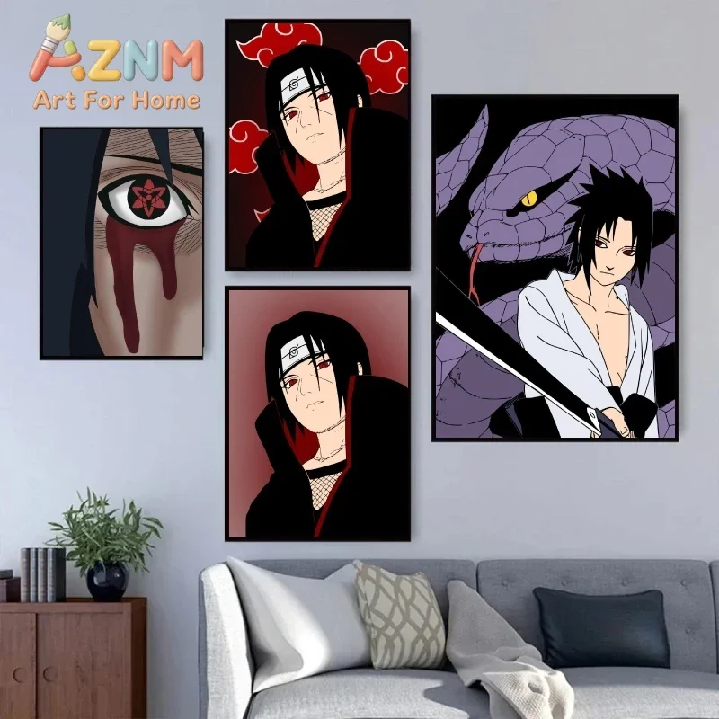 AZNM Naruto Anime Canvas Wall Art Itachi Sasuke Sharingan Akatsuki Character Canvas Print Bedroom Decor Poster