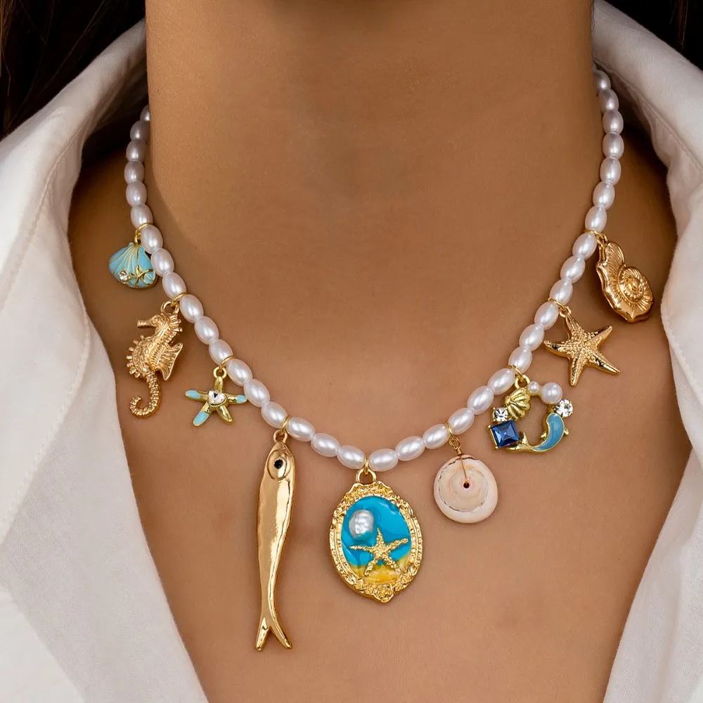 Fashion Ocean Beach Shell Starfish Sea Horse Fish Enamel Multi Charms Bohemian Vacation Style Glass Pearl Beaded Strand Necklace