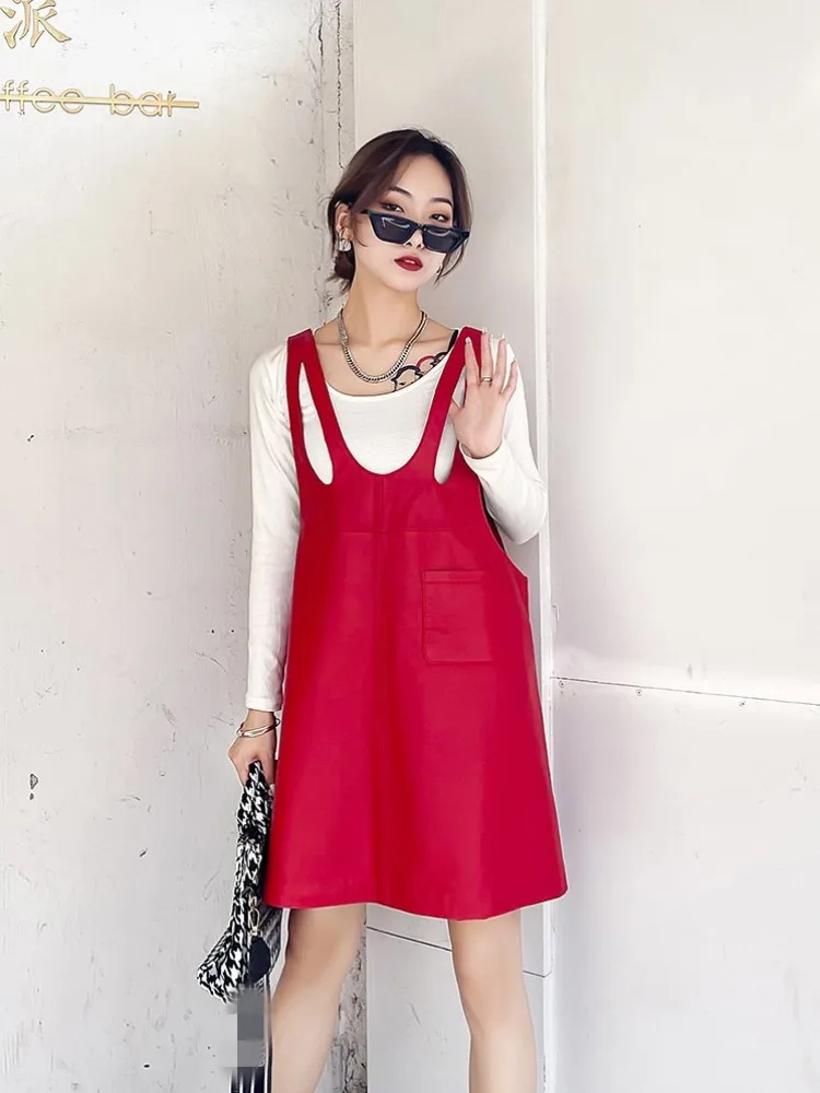 Robe en cuir véritable pour femmes, ajourée, en peau de mouton, taille haute, coupe ample, décontractée, débardeur, pull sans manches, robe courte trapèze