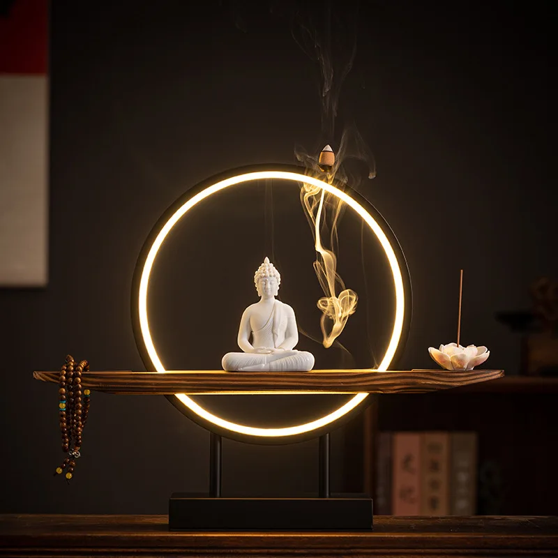 Sakyamuni Buddha Statue Large Buddhist statue Tathagata Buddha Figure Buddha Led ring light For Living Room Incense Porch