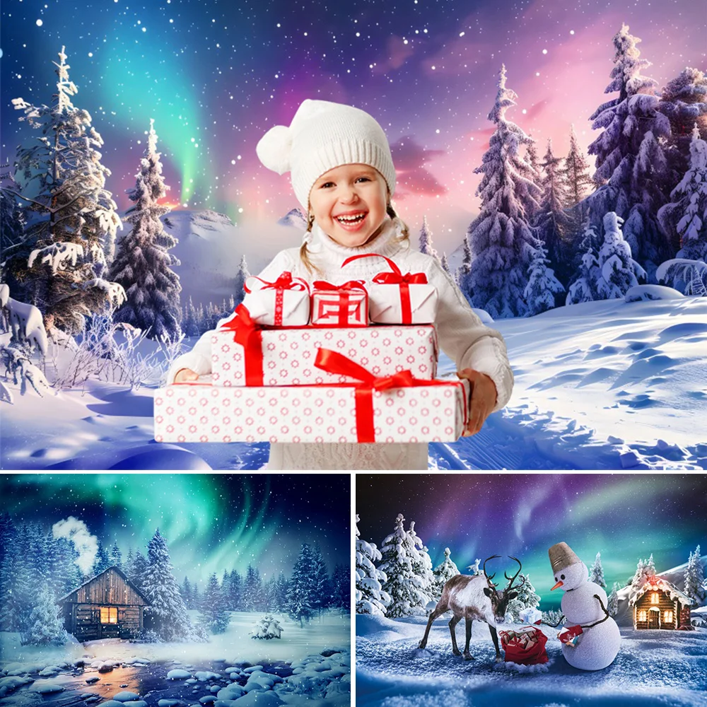 Winter Night Aurora Christmas Photography Backdrops Pine Forest Snowman Country House Natural Landscape Photographic Background