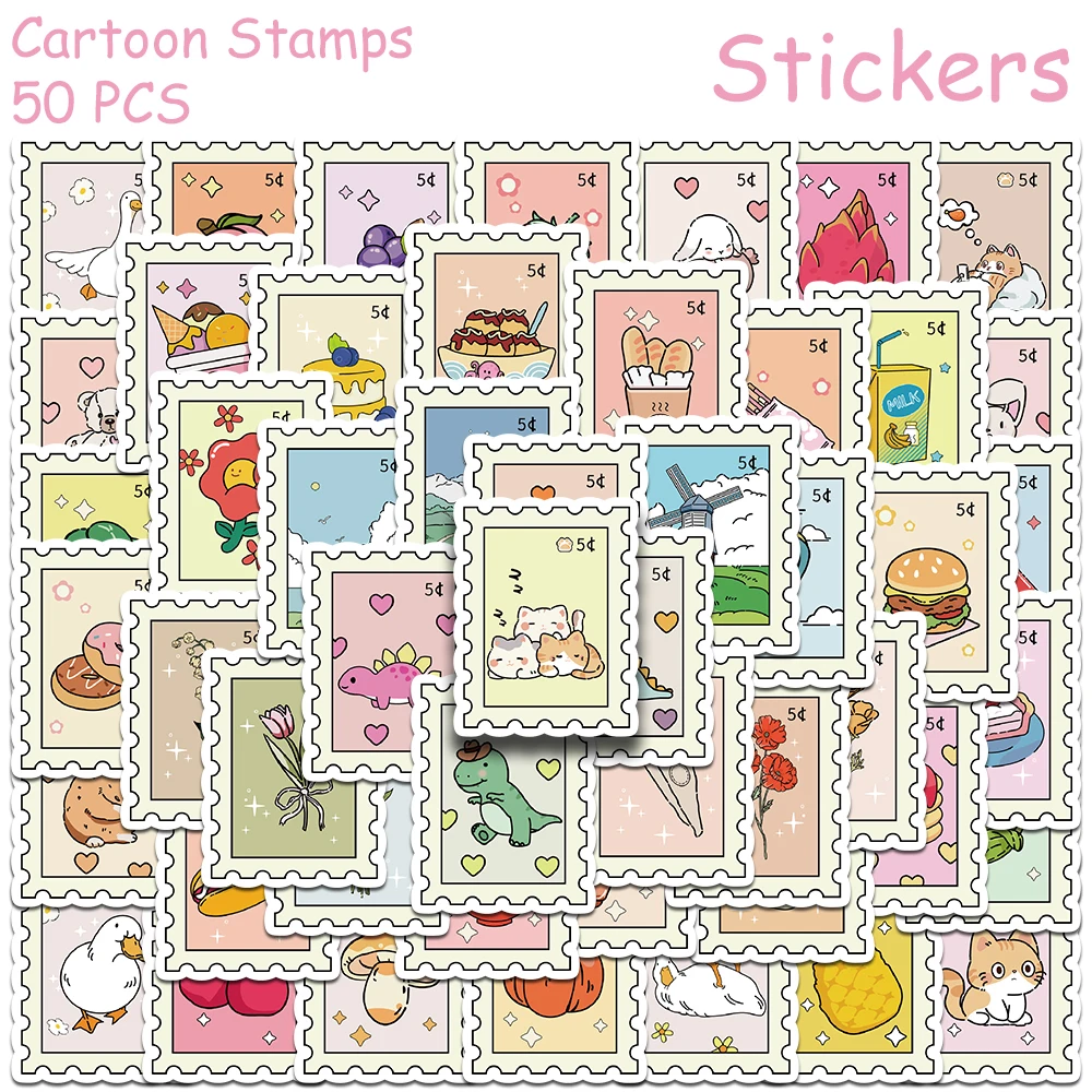 50pcs Cartoon Stamps Stickers Decals For Laptop Letter Scrapbook Luggage DIY Aesthetic Waterproof Stickers Creative Gifts image 2