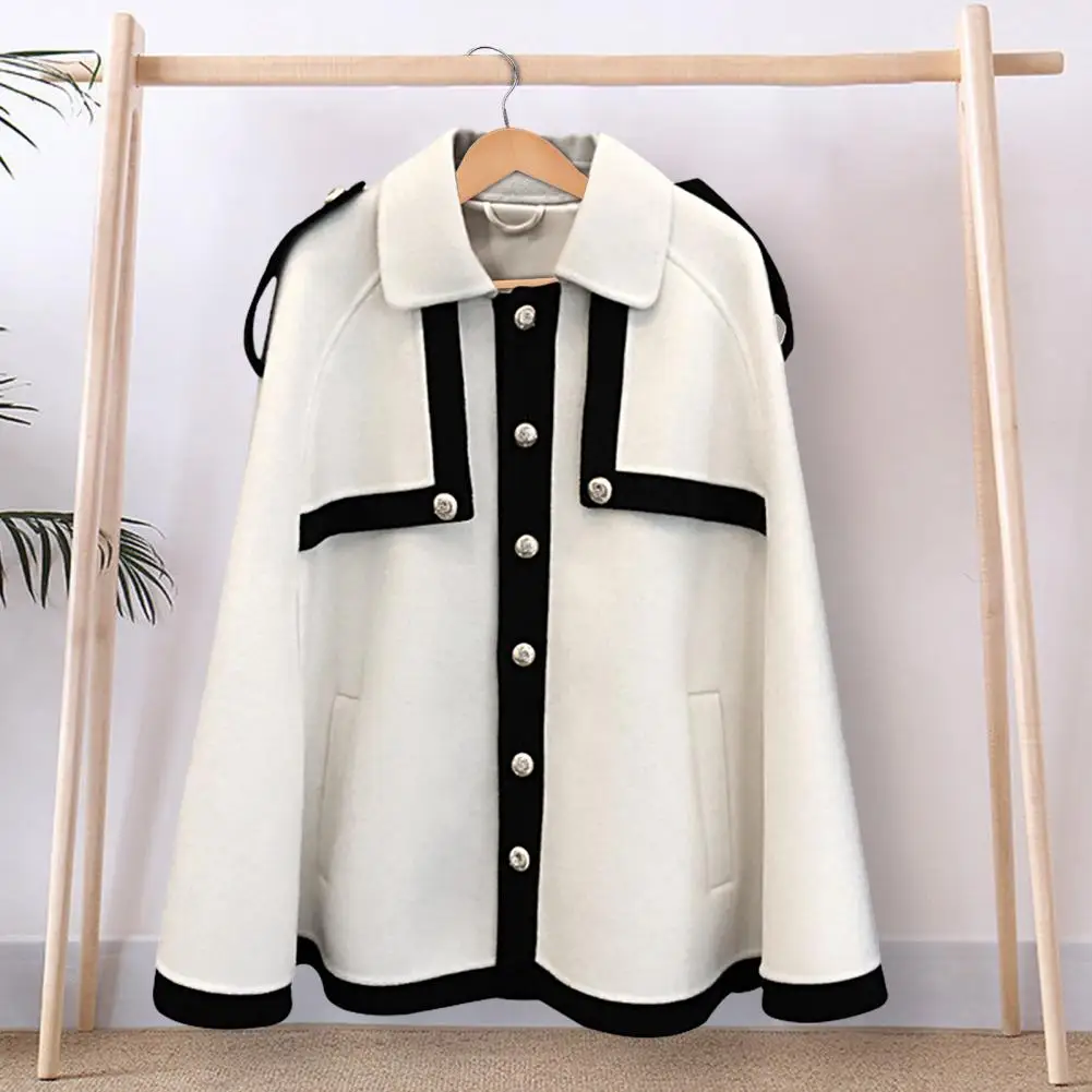 

Women's Woolen Coat Lapel Metal Buttons Single Breasted Woolen Cape French College Style Color Matching Winter Cloak Coat Jacket