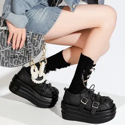 Punk Style Shoes Female Lace-Up Platform Thick Bottom Muffin Shoes Gothic Dark Solid Color Wedges Rock New Designer Luxury Brand