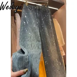 High-end Hot Diamonds Jeans Woman 2024 Autumn New Women's Loose Bright Diamond High Waist Straight Wide Leg Denim Floor Pants