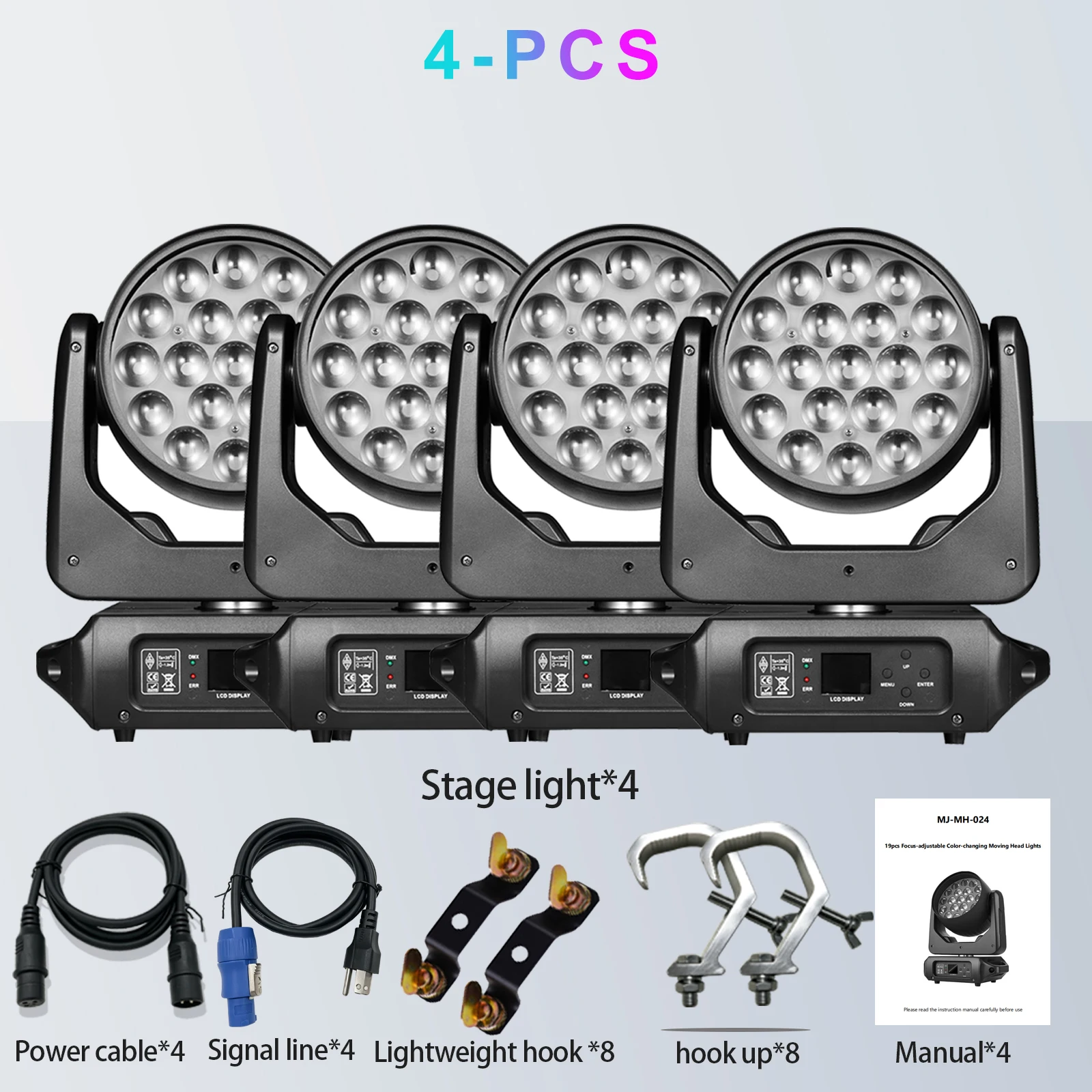 With 2 Hooks, 19x15W Moving Head Zoom Quad 4-in-1 RGBW Beam DJ Light – Black, DMX512 Control, Sound Activated – Perfect for Wedd