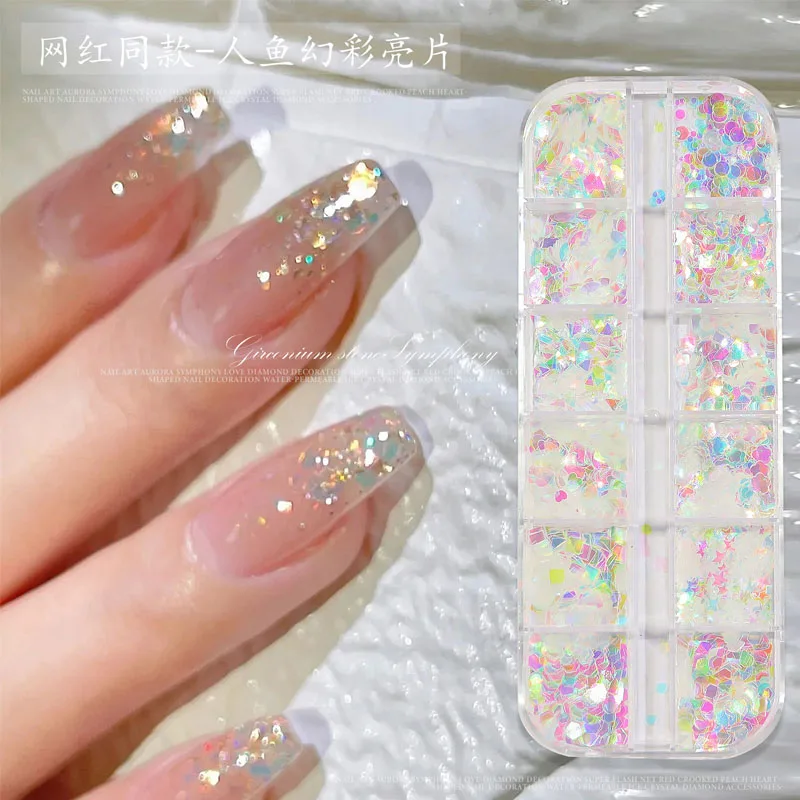 

12 Grids/ Box Holographic Aurora Nail Art Sequins Mermaid Hexagon Chunky Chrome Glitter Accessories Polish Manicure Decorations