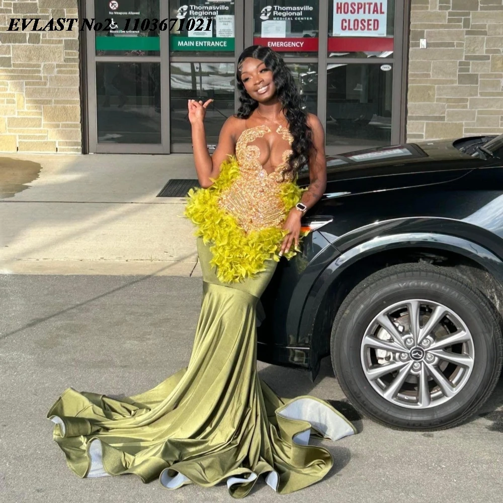 

EVLAST индивидуальное зеленое платье для выпускного вечера Aso Ebi, черное платье для девочек с золотыми кристаллами и бисером, праздничное платье с аппликацией из перьев E2P563