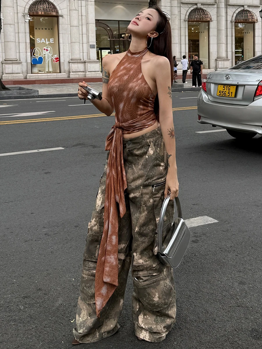 Weird Puss American Street Sle oulder Bared Ne Chaleco colgante Mujer Slim Fit Versátil Picante Chica Top Ropa casual