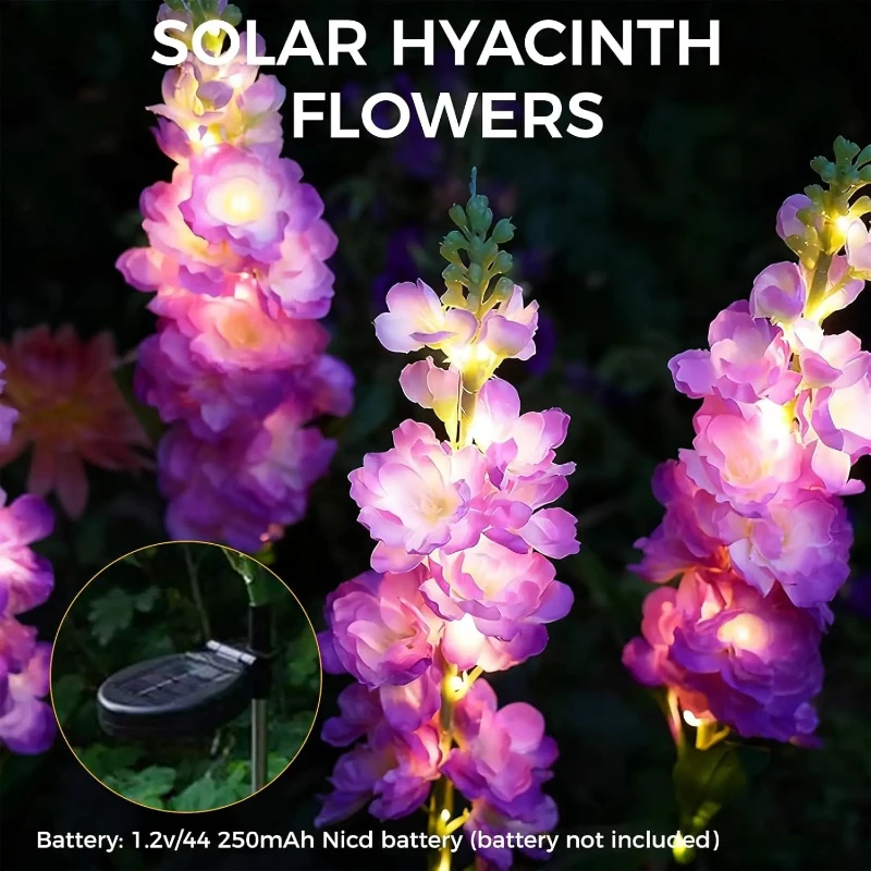 

Solar Hyacinth Flower Stake Lights Waterproof Outdoor Garden Lamp for Yard Patio Pathway Lawn Fence, Pink Purple Blue Yellow