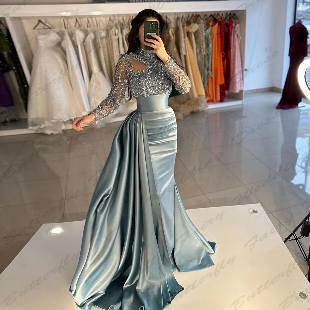 Vintage Elegant Women's Evening Dresses Long sleeved High Necked Mermaid Muslim Princess Prom Gowns Arab Dubai Formal Fashion