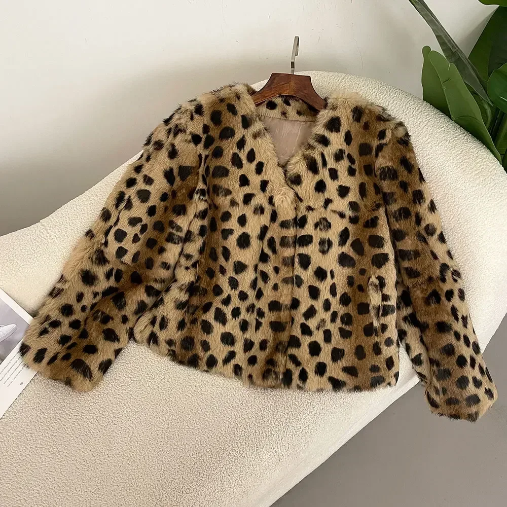 European Fashion Casual Fur Jacket Women\'s Thickened Warm Real Fur Coat Autumn Winter Leopard Print V-Neck Lazy Rabbit Fur Coat