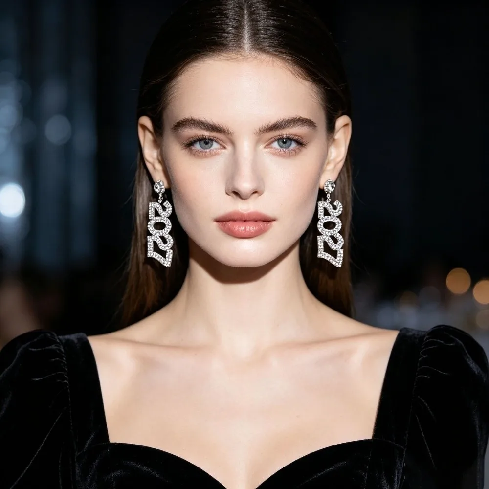 Elegant 2027 Digital Earrings Long Drop Rhinestone Happy New Year Earrings Love Heart Shiny Stud Earrings Celebration Holiday