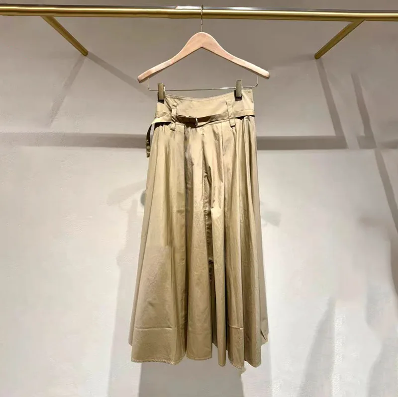 

Niche 2025 Spring summer vintage solid color umbrella-like medium long cotton waist belted high waist skirt y2k clothes