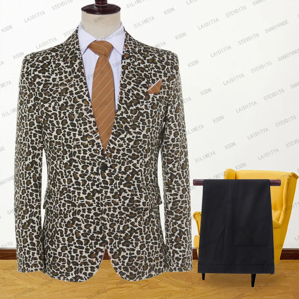 

2023 Fashion New Men's Casual Boutique Business Leopard Printed Peak Lapel Dress Wedding Groom Suits 2 Pieces Set（Jacket+Pants）