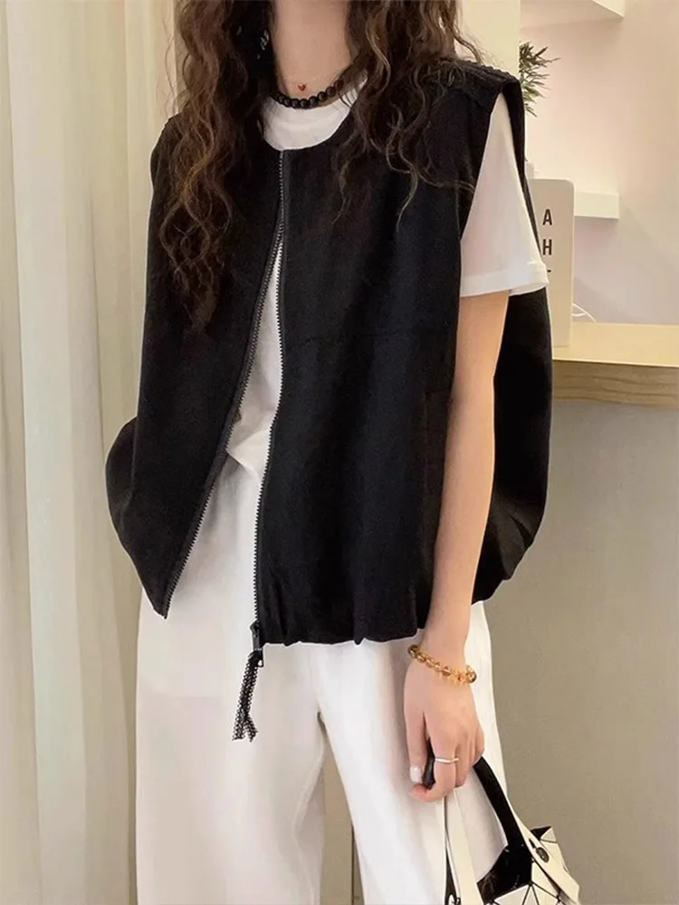 

Летний тонкий бейсбольный жилет, женский свободный многослойный повседневный топ с застежкой-молнией и плечами, большой размер, чистый цвет