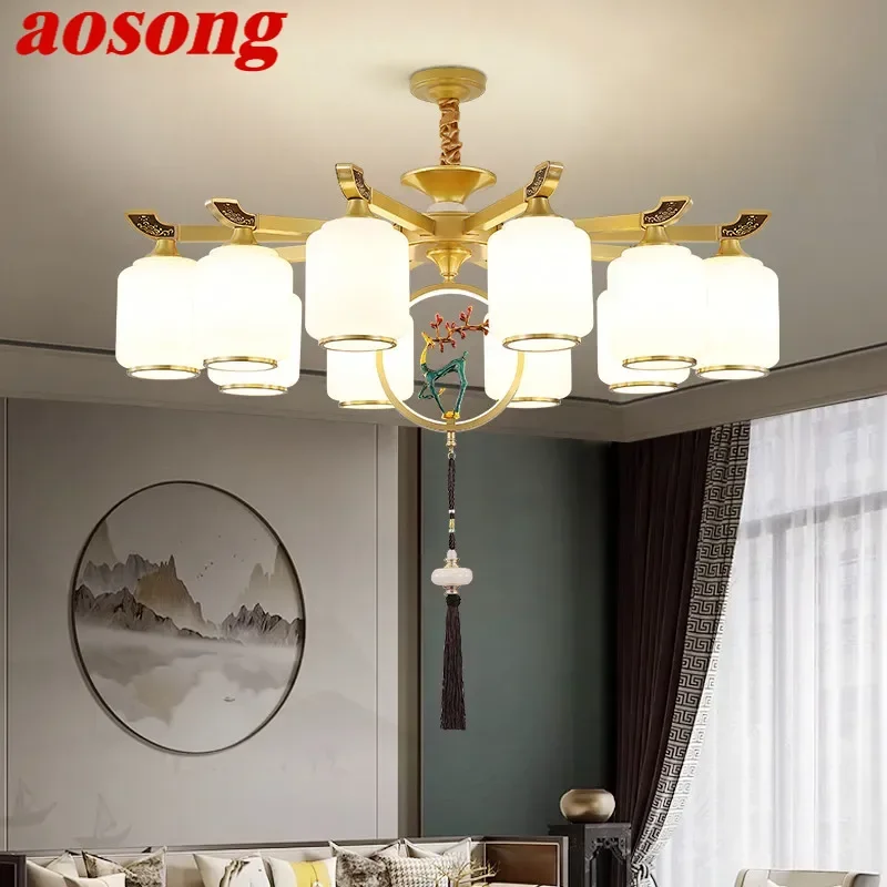 

Современная роскошная латунная Подвесная лампа AOSONG в китайском стиле для гостиной, столовой, спальни, виллы, люстра для комнаты