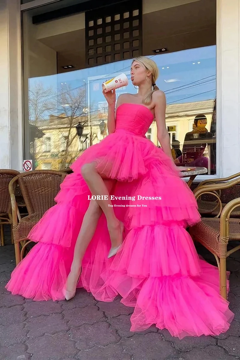 LORIE Elegant Fuchsia Prom Dress High Low Back Lace-up Tiered Tulle Evening Gowns Party Graduation Dresses Vestido De Noche